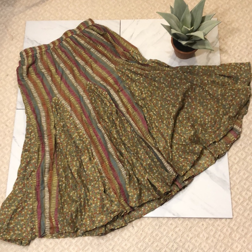 BOHO-Olive,Pink & Cream Floral Patterned Pleated A-Line Cotton Maxi Skirt Large - Picture 5 of 6
